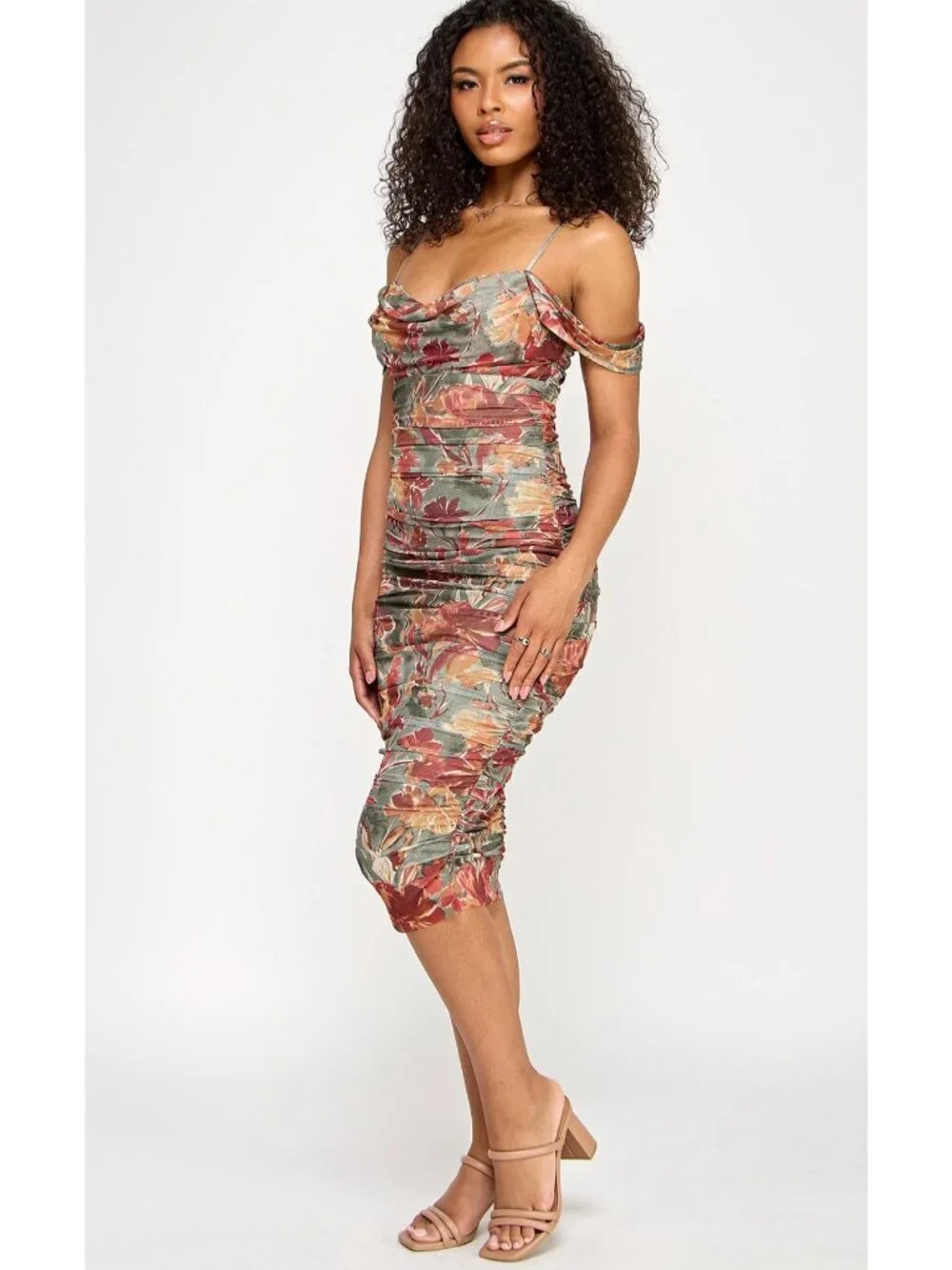 Floral Print Off-Shoulder Midi Dress With Ruched Detailing By Katia Rae - XS_6